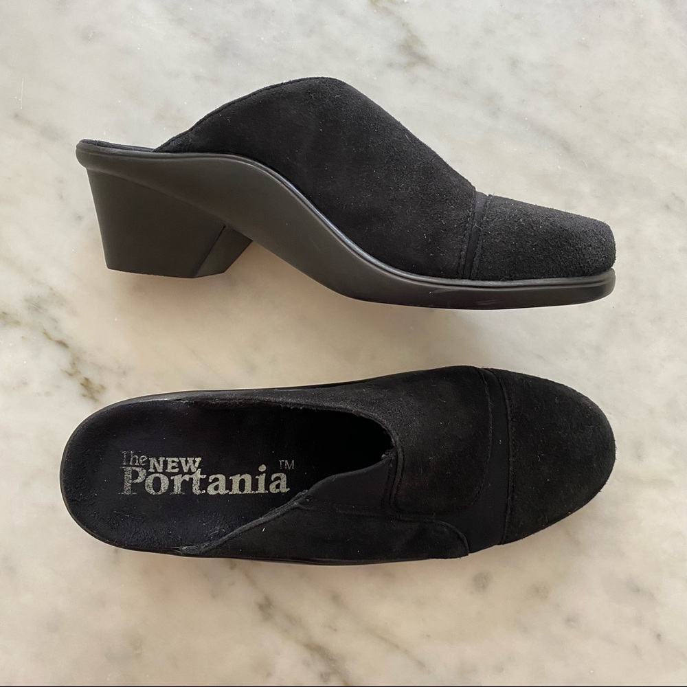 The New Portania black suede clog mules
